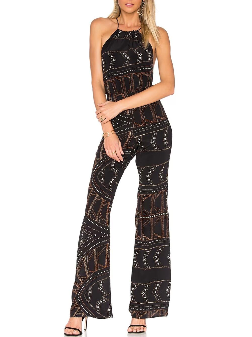 Stone Cold Fox Ischia Silk Jumpsuit Art Deco Print Halter‎ Open Back Size Medium